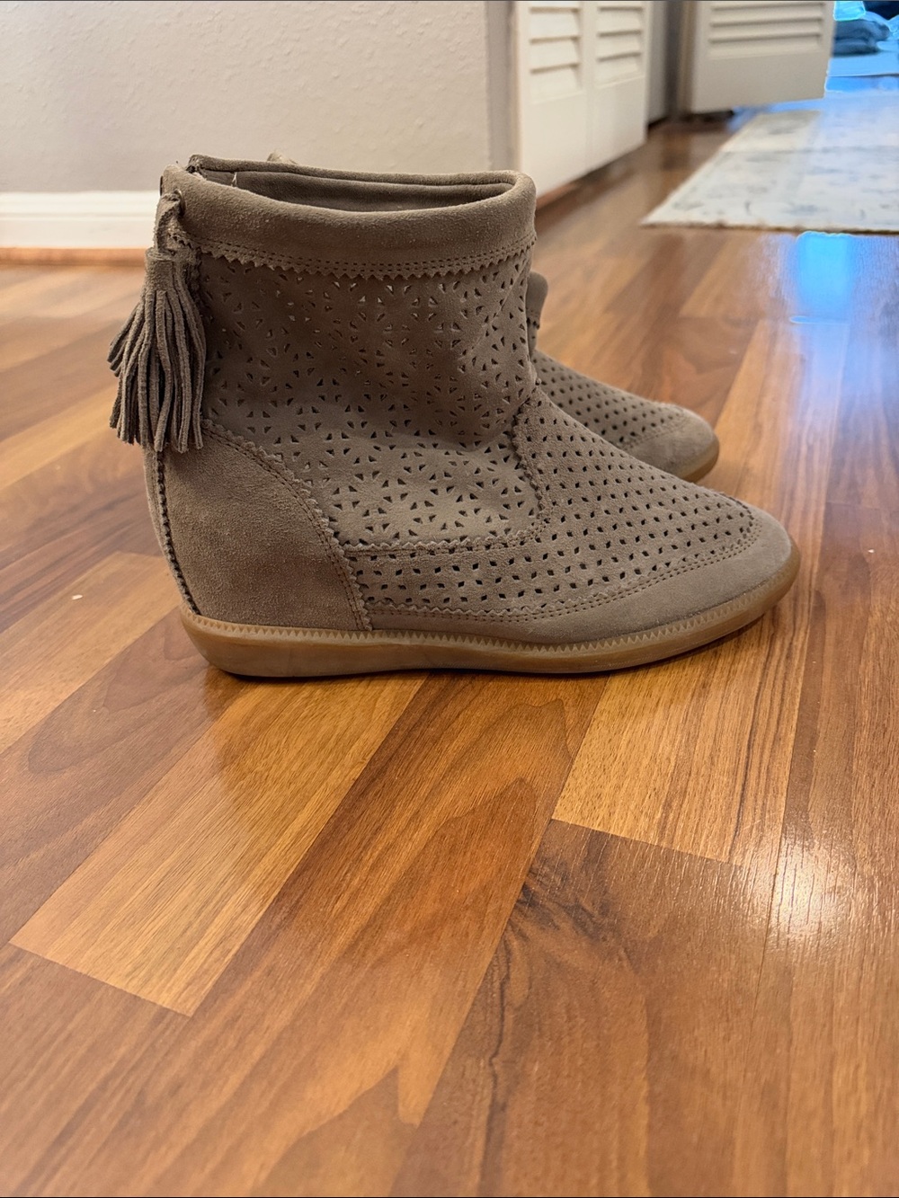 Isabel Marant Taupe Suede Tassel Ankle Wedge Booties 38